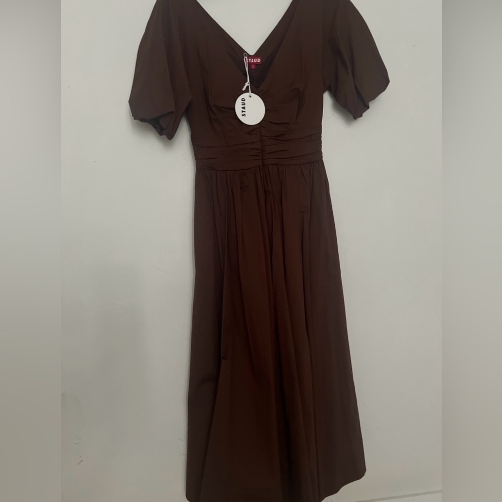 NWT Staud Greta Cotton Poplin Midi Dress Size O , Brown - Picture 11 of 12
